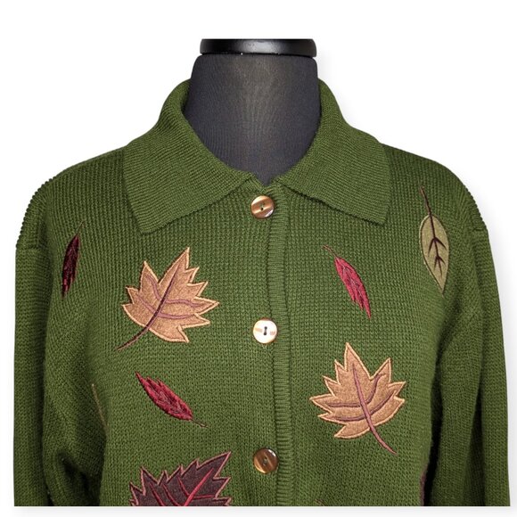 Croft & Barrow Leaf Patterned Green Knit Button Front Cardigan Women's Size XL - Picture 2 of 14